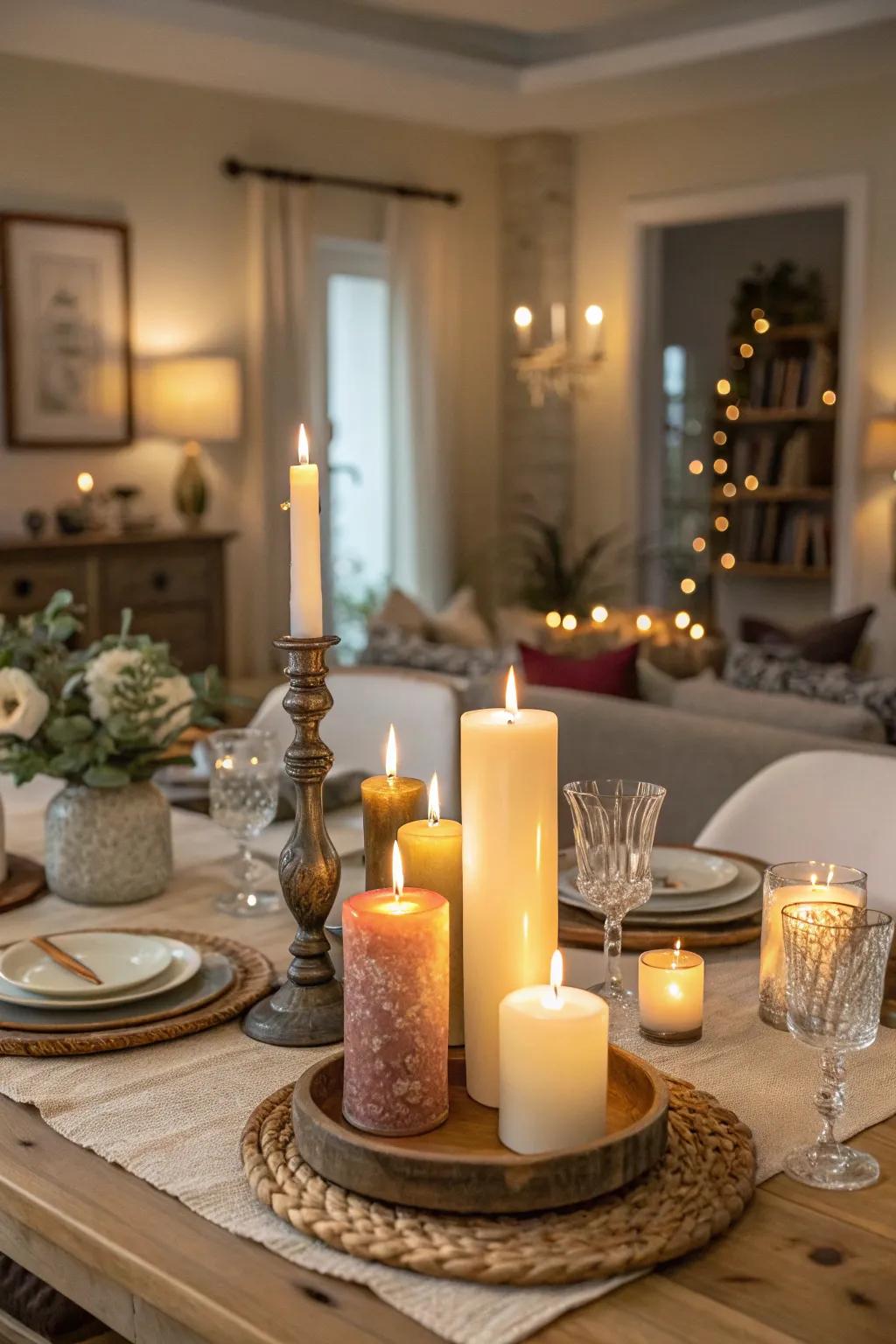 Candles of varying heights create a cozy dining atmosphere.