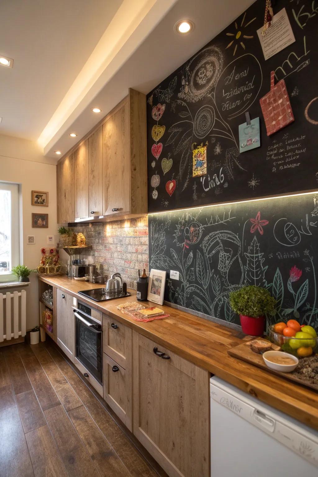 A slateboard backsplash incorporates an amusing and interactive aspect to your kitchen.