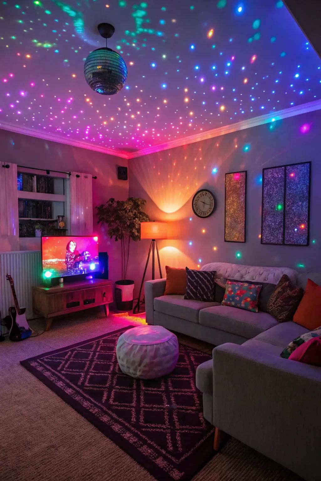 Vibrant diode lights convert the family room into a dynamic disco dance environment.
