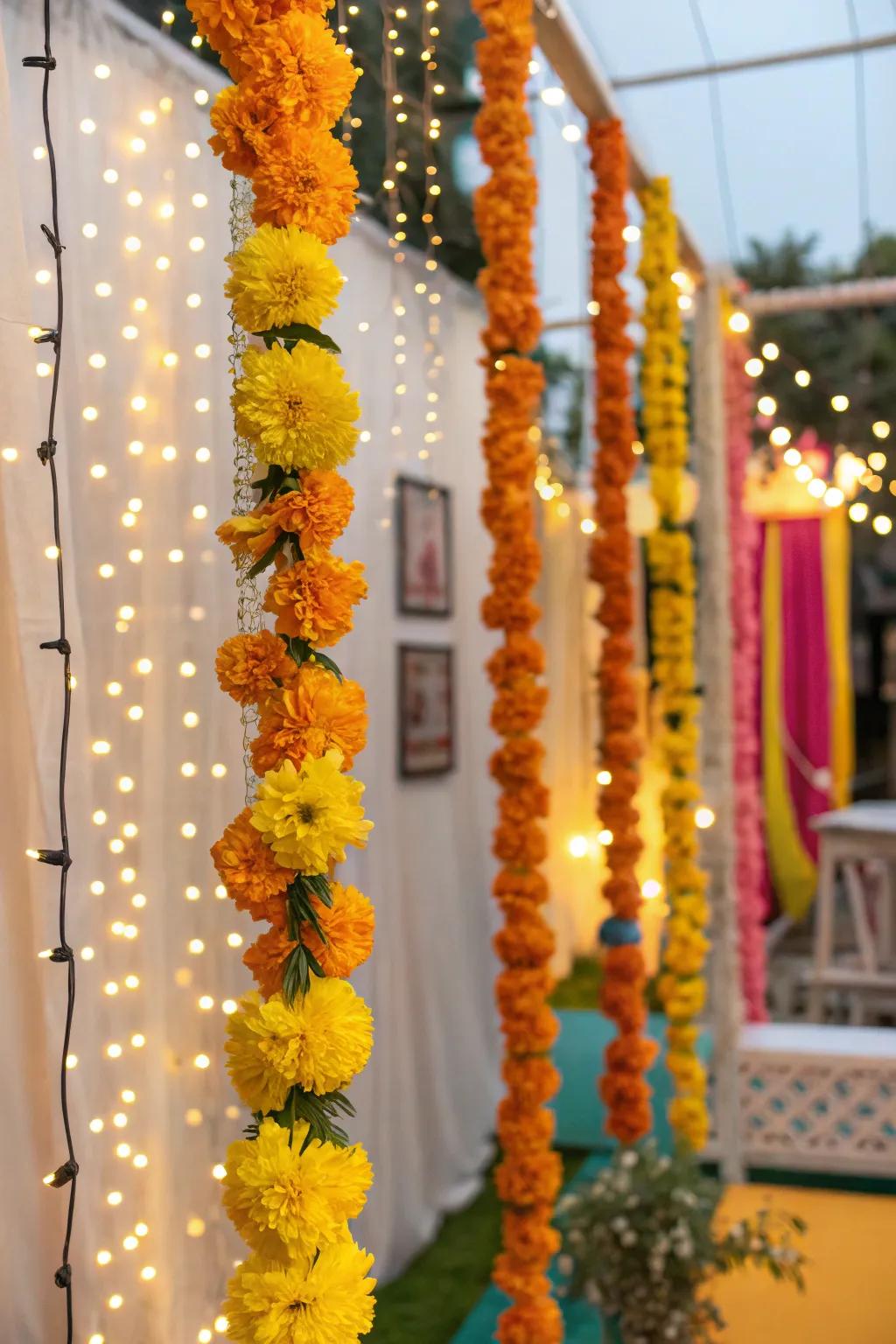 Brilliant calendula blooms combined with shimmering starry lights.