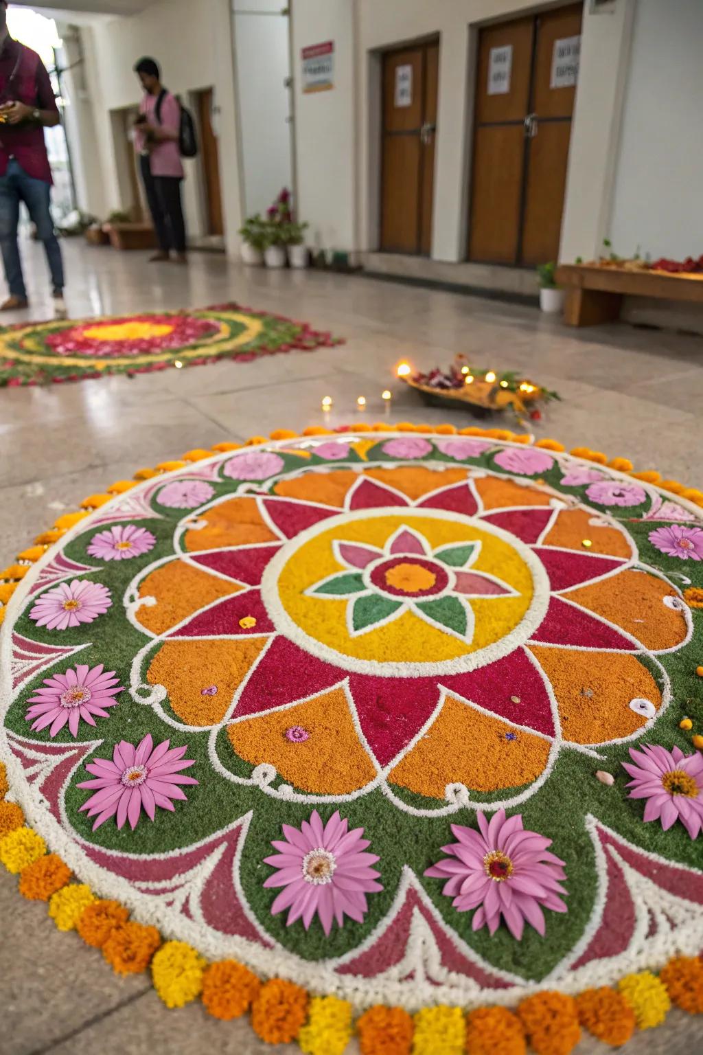 Rangoli artwork infuses any entryway with dynamic vitality.