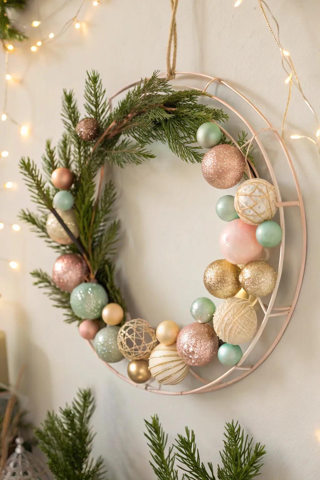 Redesign your treasured ornaments into an awe-inspiring Scandinavian-inspired wreath, emanating festive magnetism and refined simplicity.