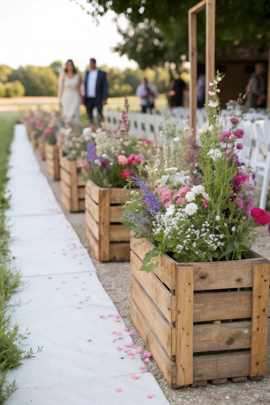 Wooden containers brimming with blossoms contribute a rustic element to your aisle.