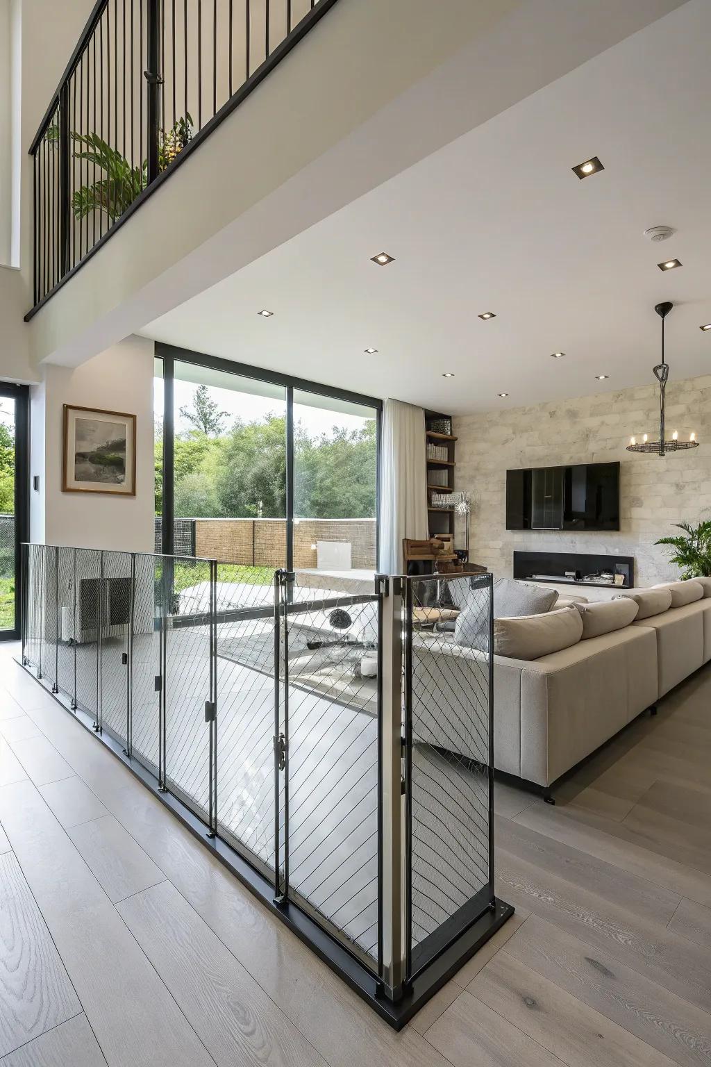 A transparent dog partition ensuring the room's open and modern character remains unobstructed.