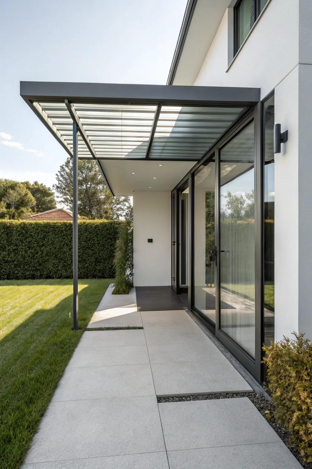 A streamlined metallic canopy that enhances contemporary architectural aesthetics.