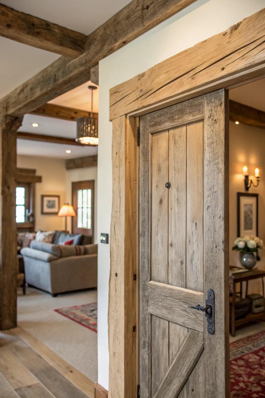 Country wooden door trim infuses a cozy farmhouse environment with warmth and character.