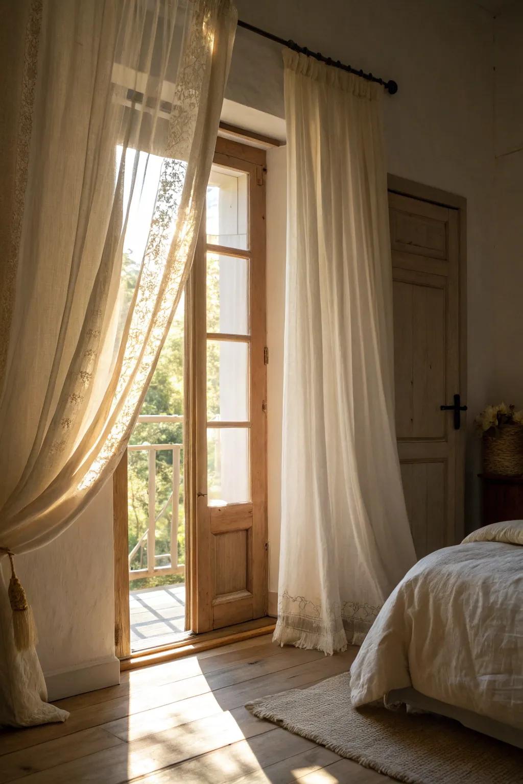 Diaphanous linen coverings foster a serene bedroom ambiance.