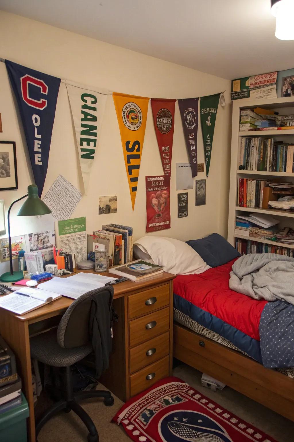 A university residence adorned with collegiate banners, enhancing a feeling of university spirit.