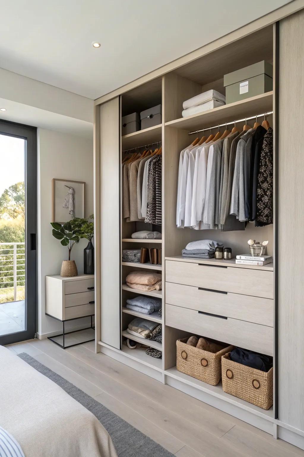 Integrated drawers in a double closet offer a streamlined solution for housing smaller personal items.