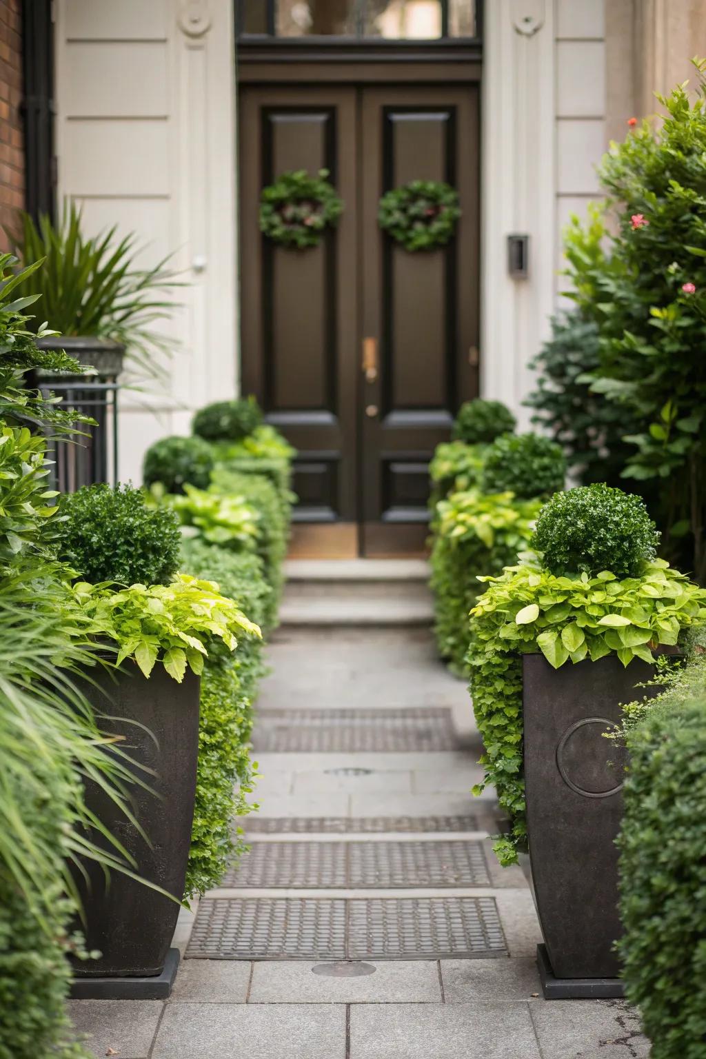 Achieve perfect harmony with stylish planters that beautifully frame your entrance.