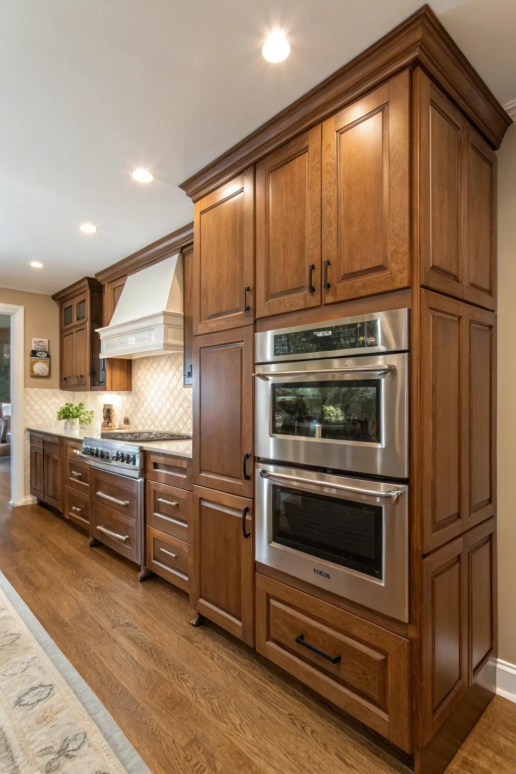An angled dual oven cabinet that transforms a corner into an attention-grabbing element in the kitchen.
