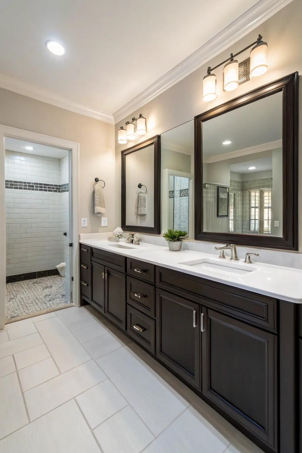 A double vanity bathroom featuring a subtle palette and deep-toned cabinetry.