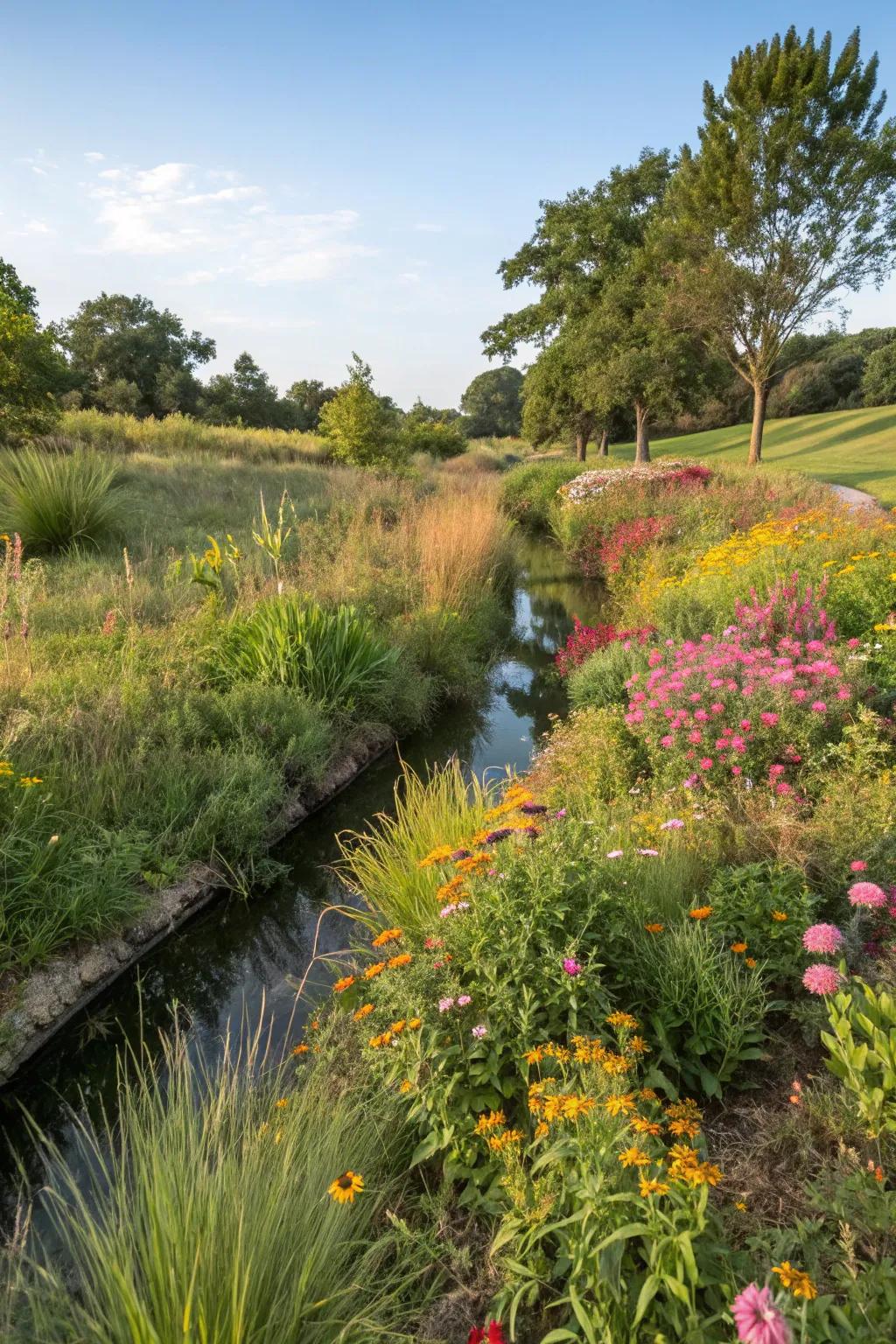 Lush vegetation provides both vitality and stability to a drainage swale.
