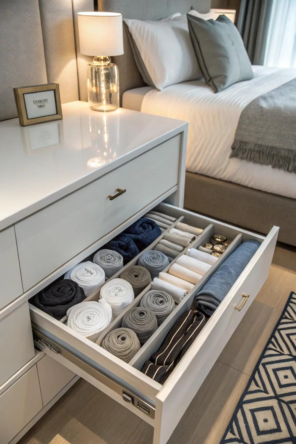 Rolled garments for dense and visible storing.