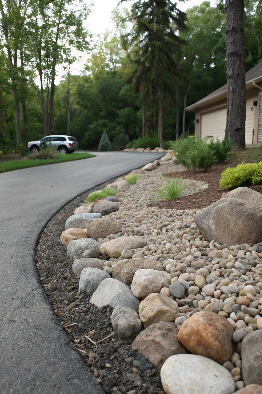 Stony expanse lends this driveway a spontaneous, textured aesthetic.