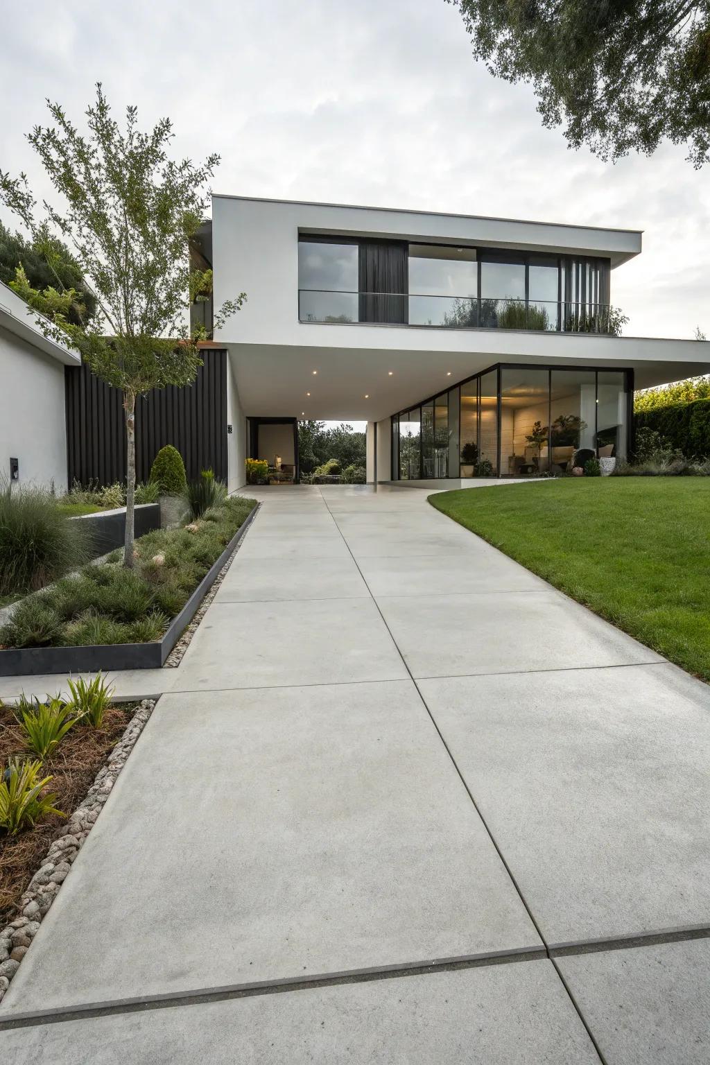 <strong><em>Concrete</em></strong> driveways deliver a streamlined and contemporary charm.” loading=”lazy” class=”pimg”>
	</picture><figcaption><strong><em>Concrete</em></strong> driveways deliver a streamlined and contemporary charm.</figcaption></figure>
<p><strong><em>Concrete</em></strong> driveways are the optimal choice for admirers of modern and pristine aesthetics. I personally chose a sleek concrete finish for my home, which harmonizes beautifully with my minimalist landscaping design.</p>
<h3>Check if these fit your needs:</h3>
<ul class=