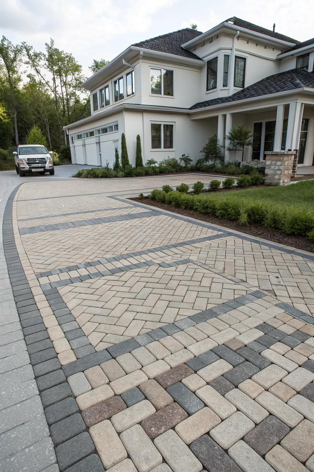 A basketweave layout introduces a modern flair to driveway aesthetics.