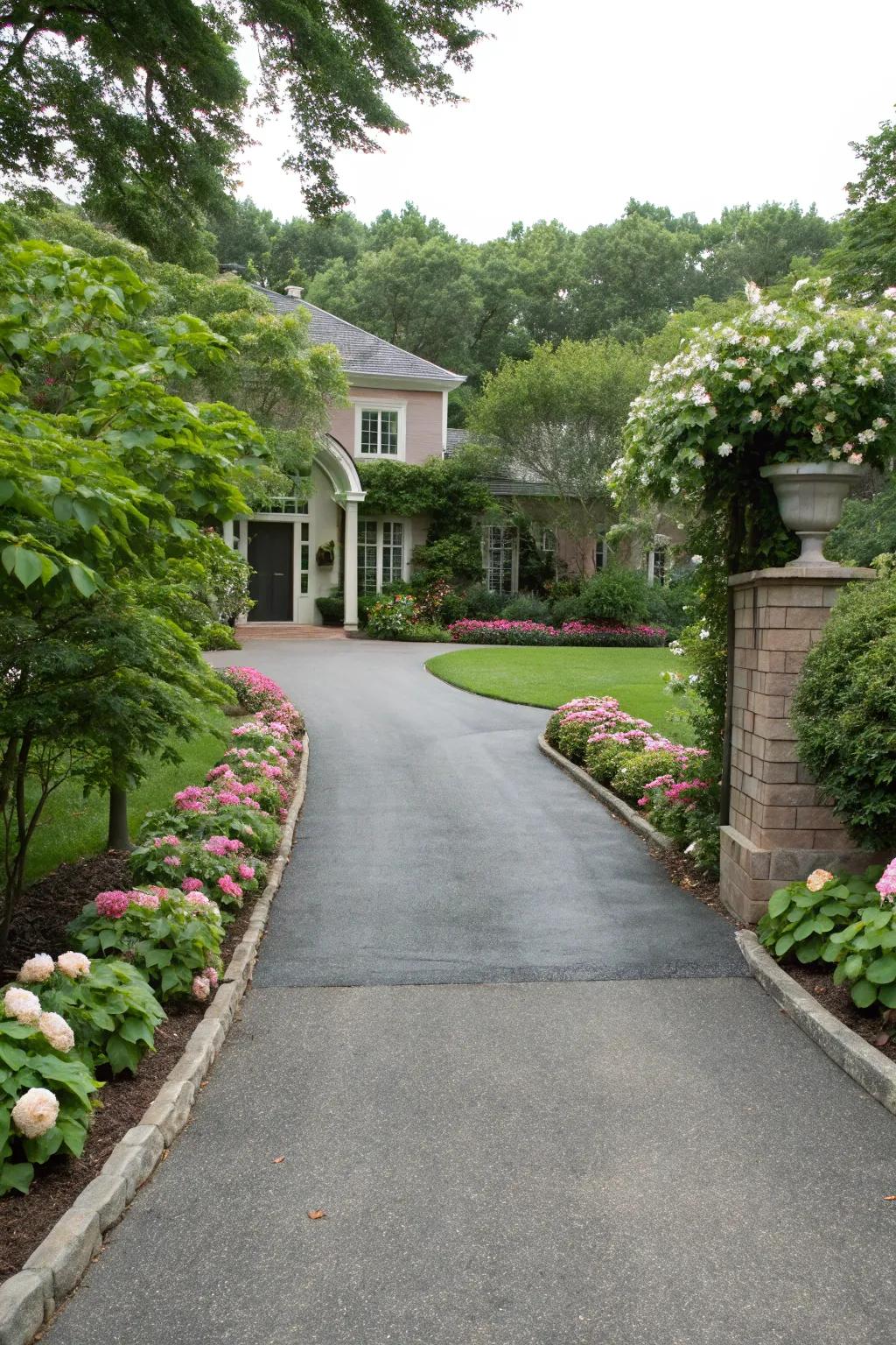 Driveway lined with lush greenery and vibrant flower beds.