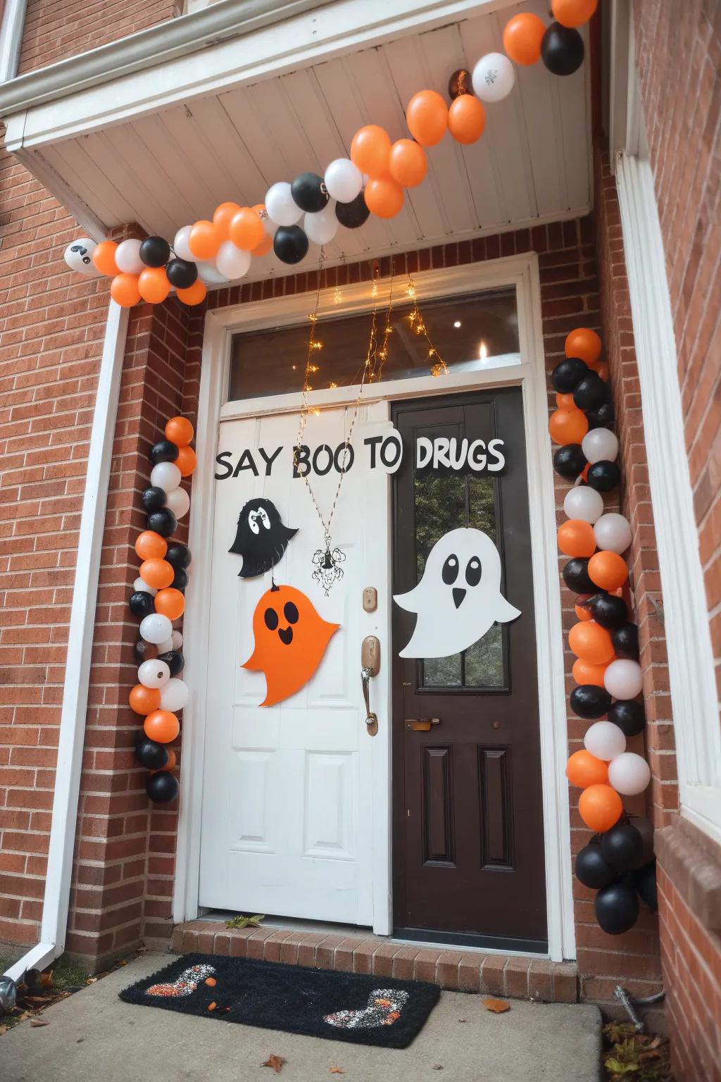 A Halloween-themed entrance exclaiming 'No' to harmful substances.