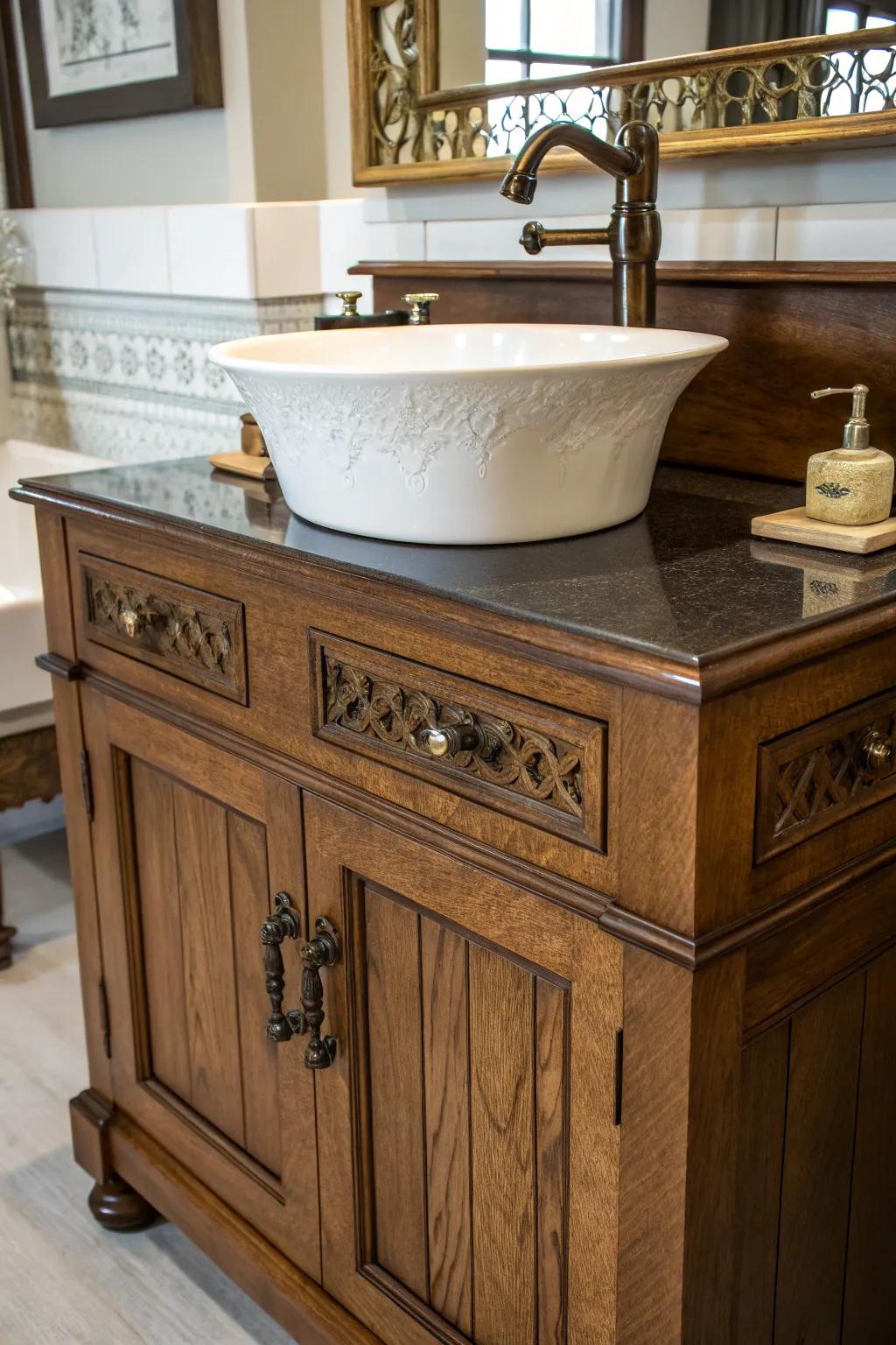 Up-to-date fixtures introduce a modern element to an antique washstand.