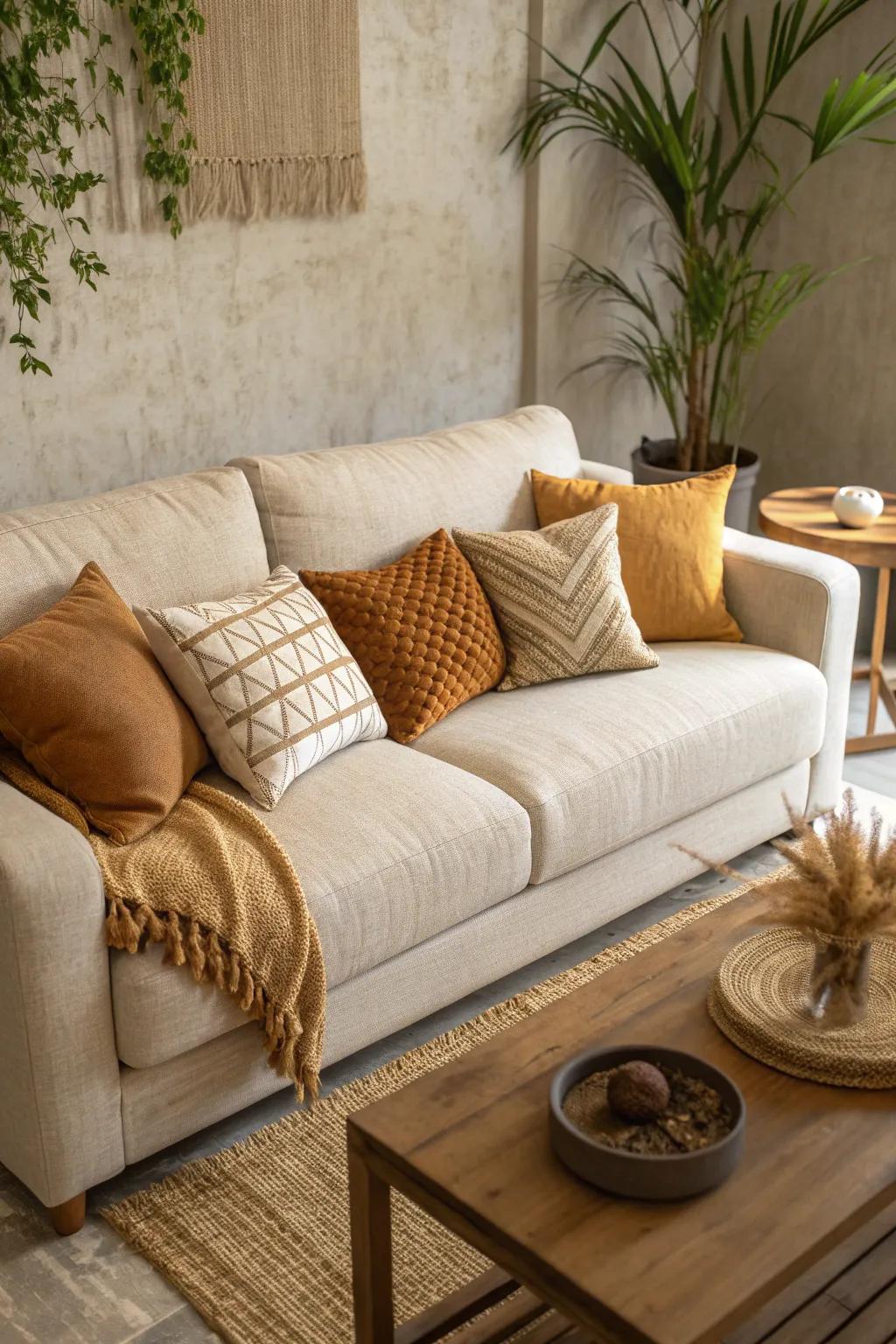 Craft a tranquil living area with a foundation of neutral shades and highlights of earthy colors.