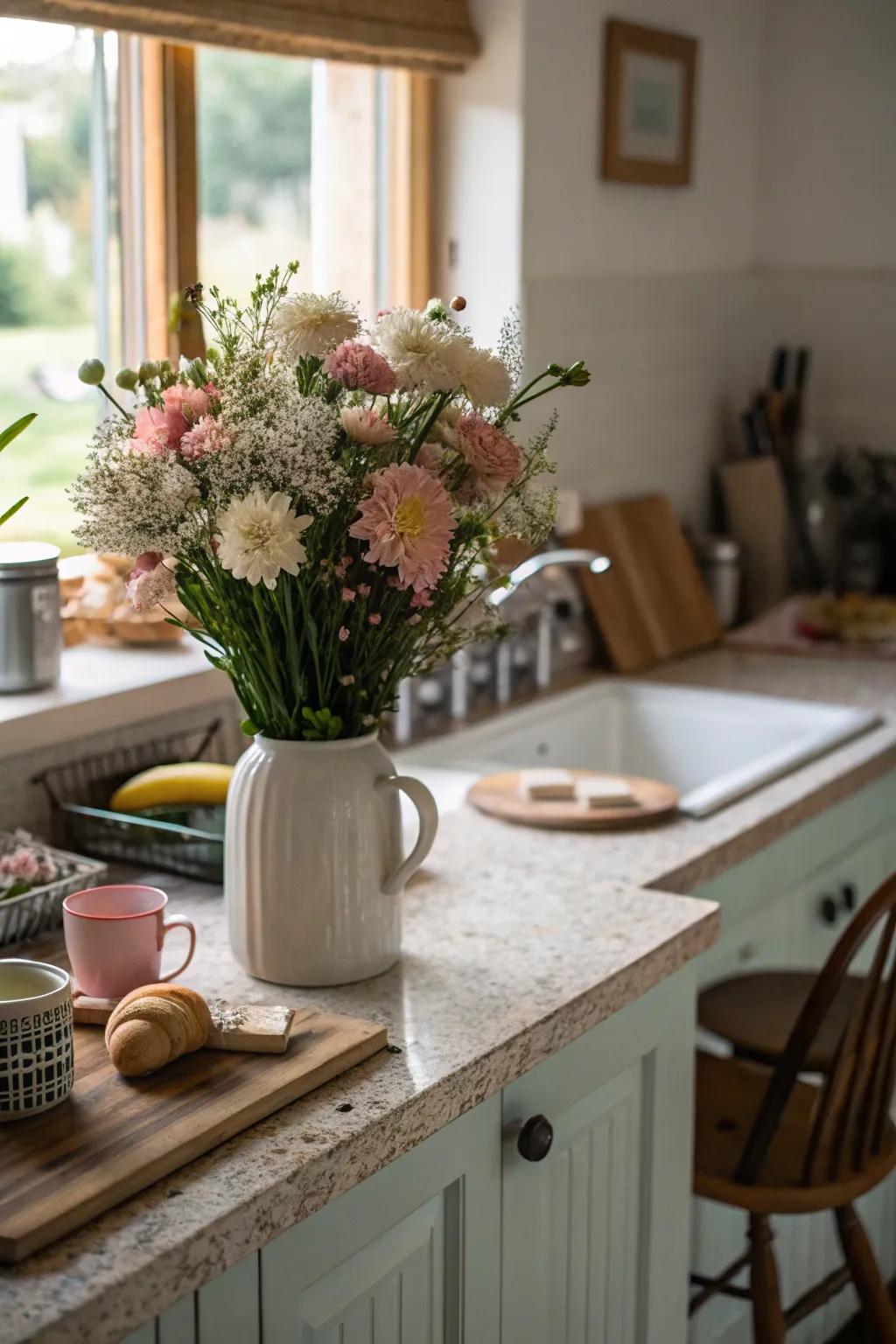An exquisite floral composition in pastel colors enlivens the kitchen area.