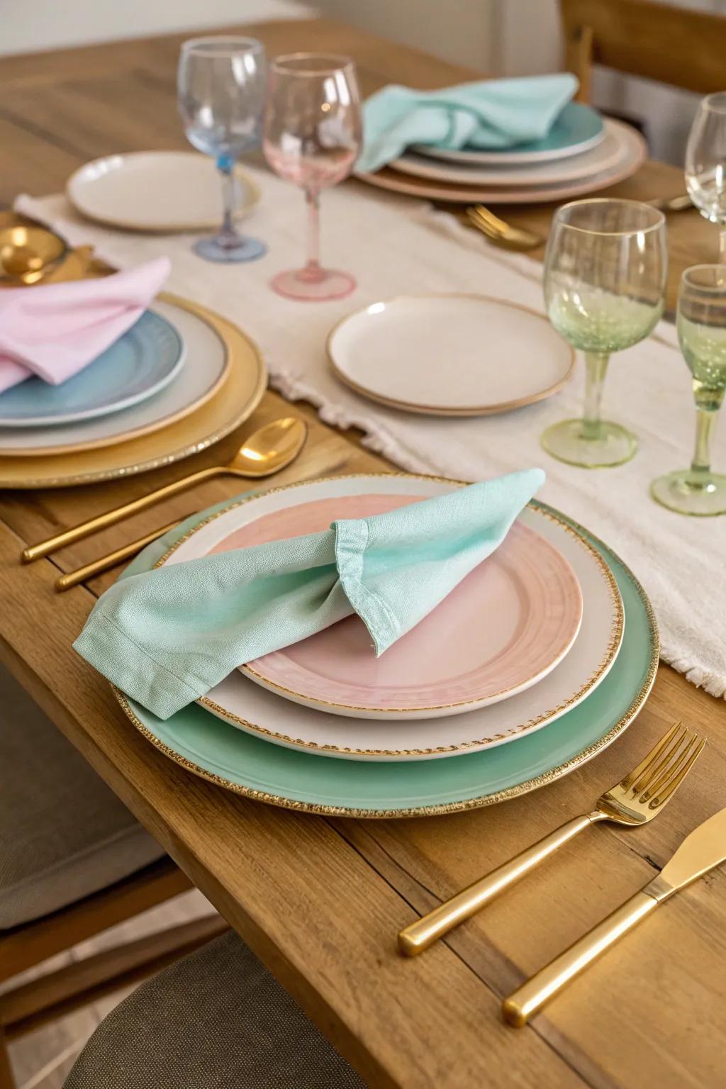 Pastel tableware imparts an air of understated elegance to the Easter occasion.