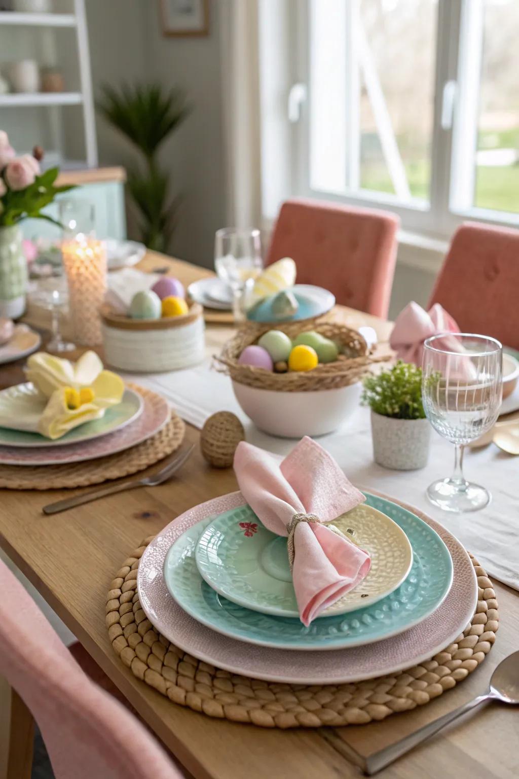 Gentle colors harmonize to create an Easter table.