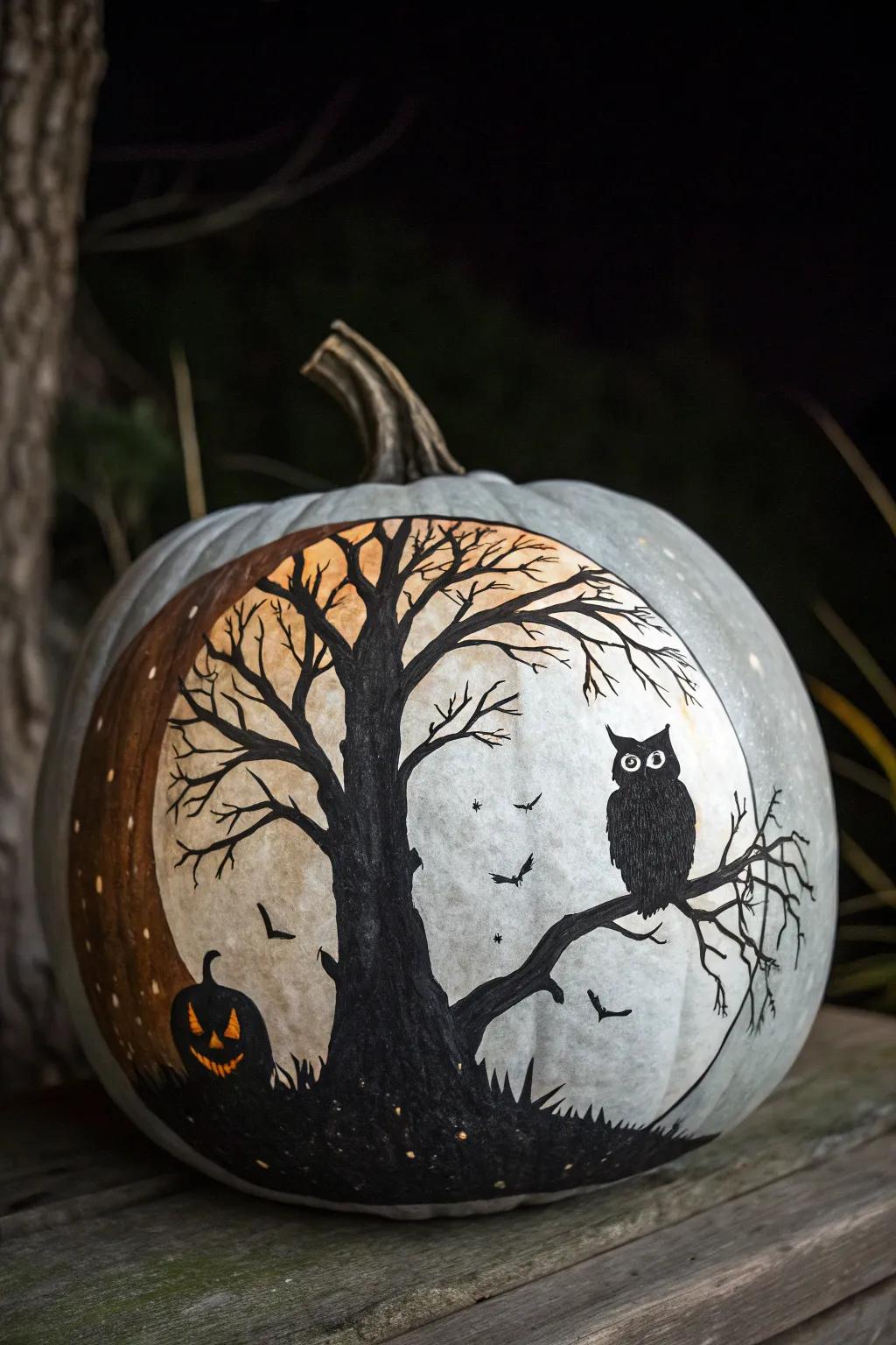 A dusk-kissed vista painted on a pumpkin adds a hint of enchantment to the Halloween ambiance.