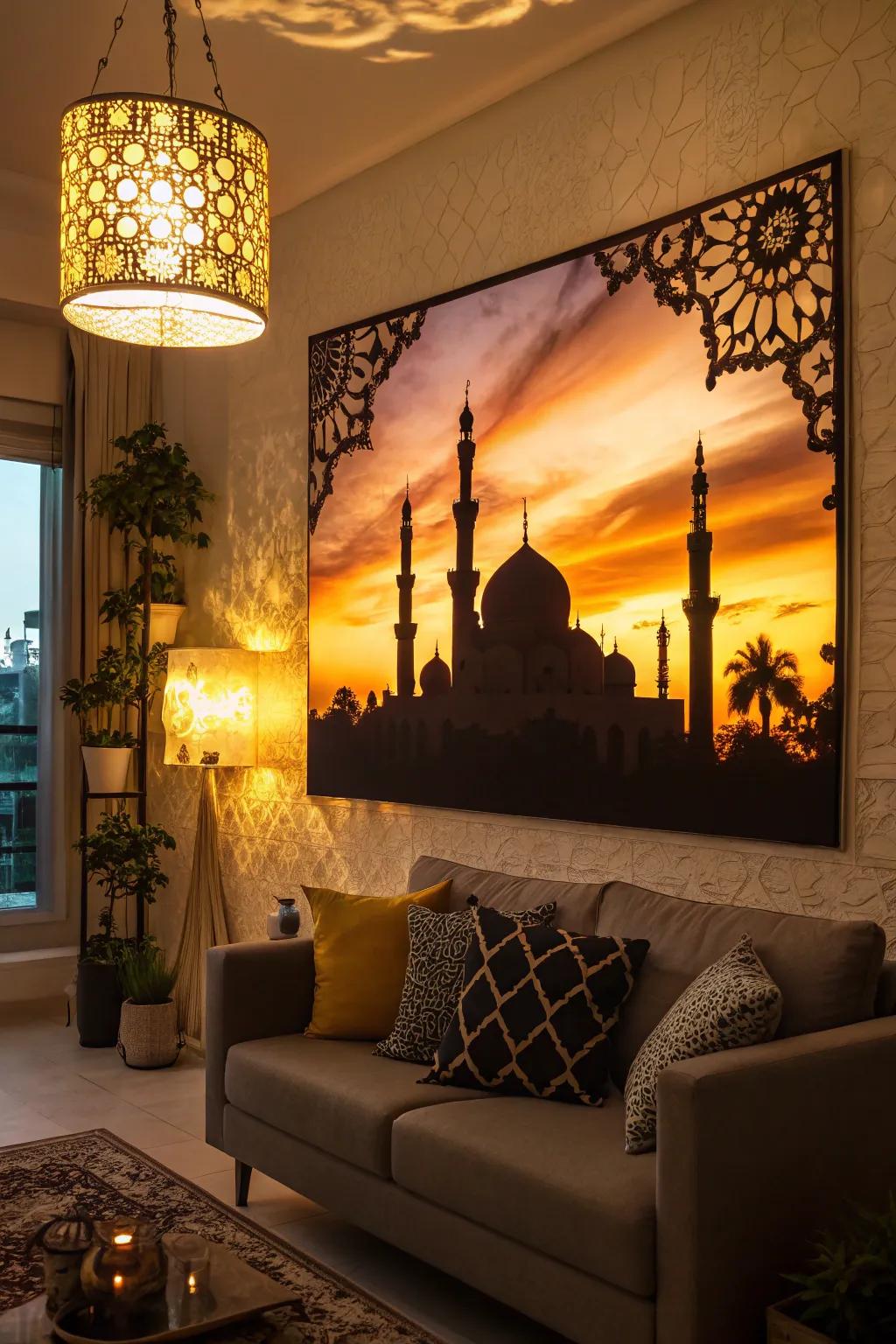 An artistic portrayal of a mosque outline beautifully encapsulates the spirit of Islamic design.