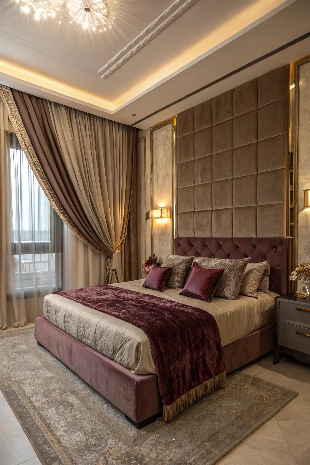 An elegant bedroom spotlighting lavish velvet cushions and silk drapes.