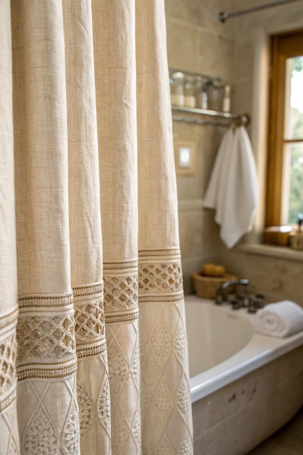 A detailed view of a textured linen shower curtain enhancing the depth of the bathroom decor.