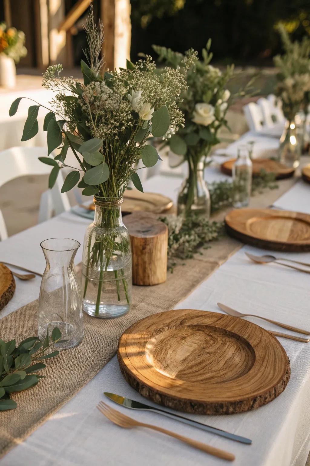 Timber components contribute homespun charm to this graceful arrangement.