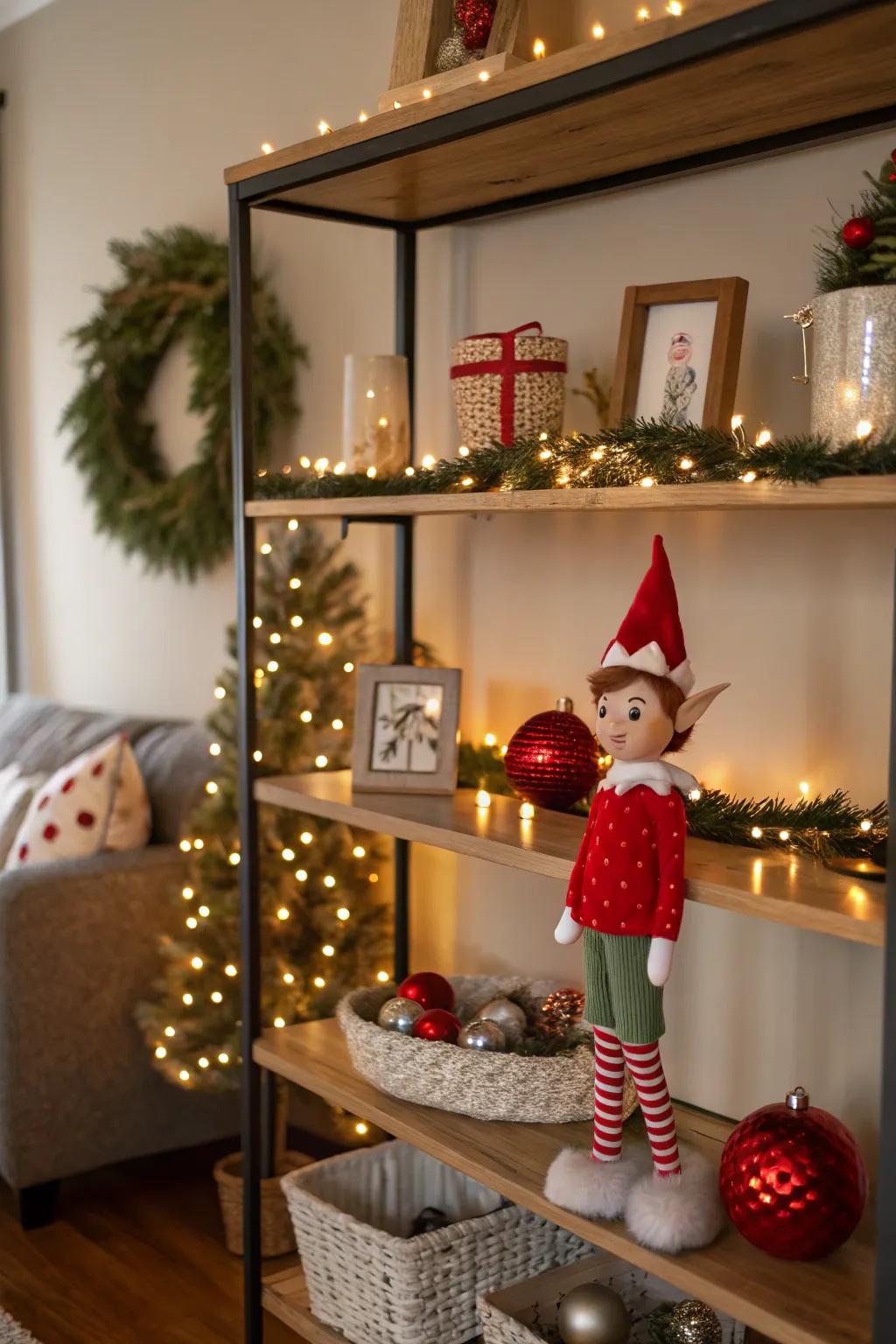 Incorporate a bit of mischief with a traditional elf on the shelf arrangement.
