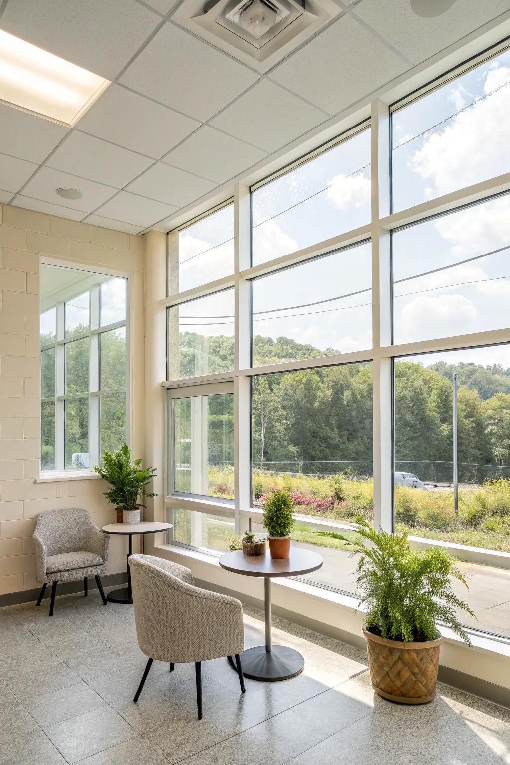 An abundance of natural light lends this spacious break room an inviting sense of warmth.