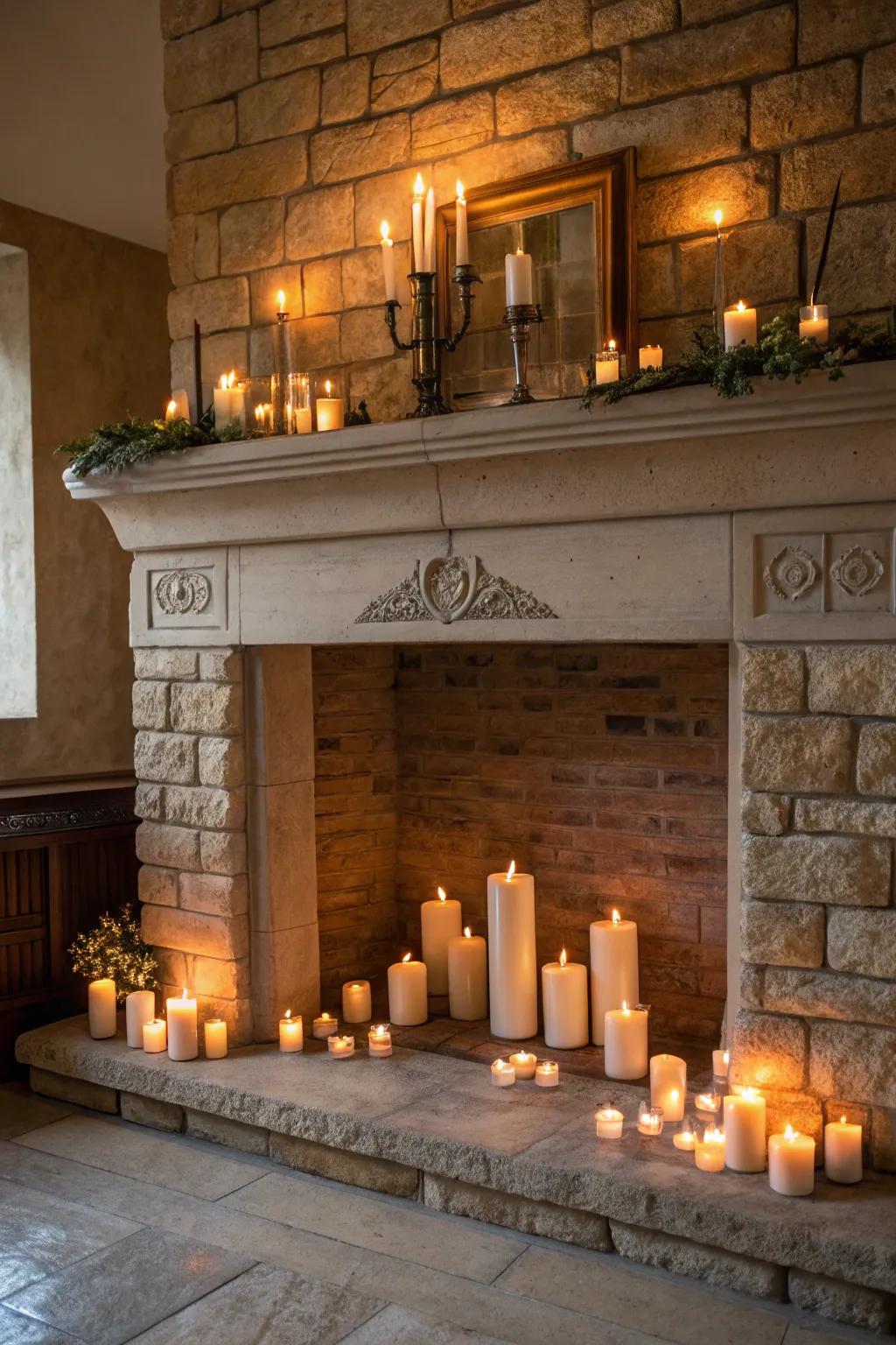 Cultivate a serene atmosphere with a fireplace aglow with candles.
