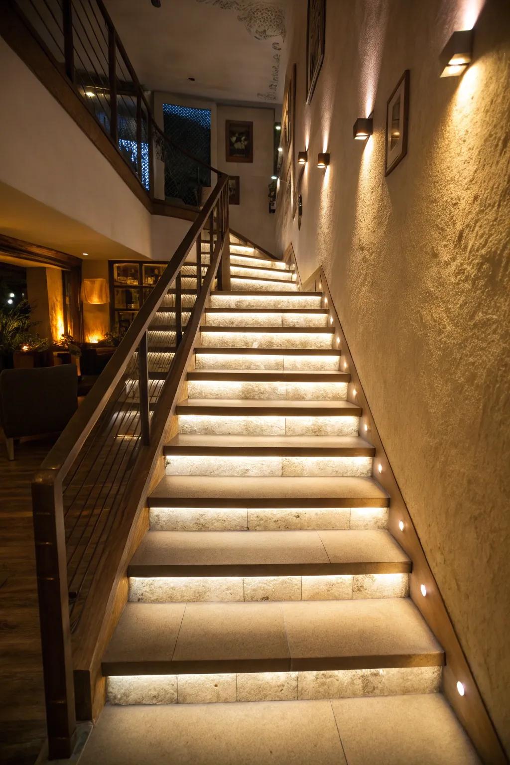 Thoughtful lighting enhances warmth and safety within stairwells.