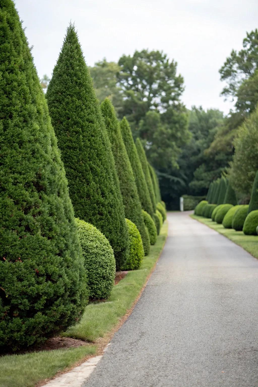 Evergreen shrubs impart structure and perennial verdure.
