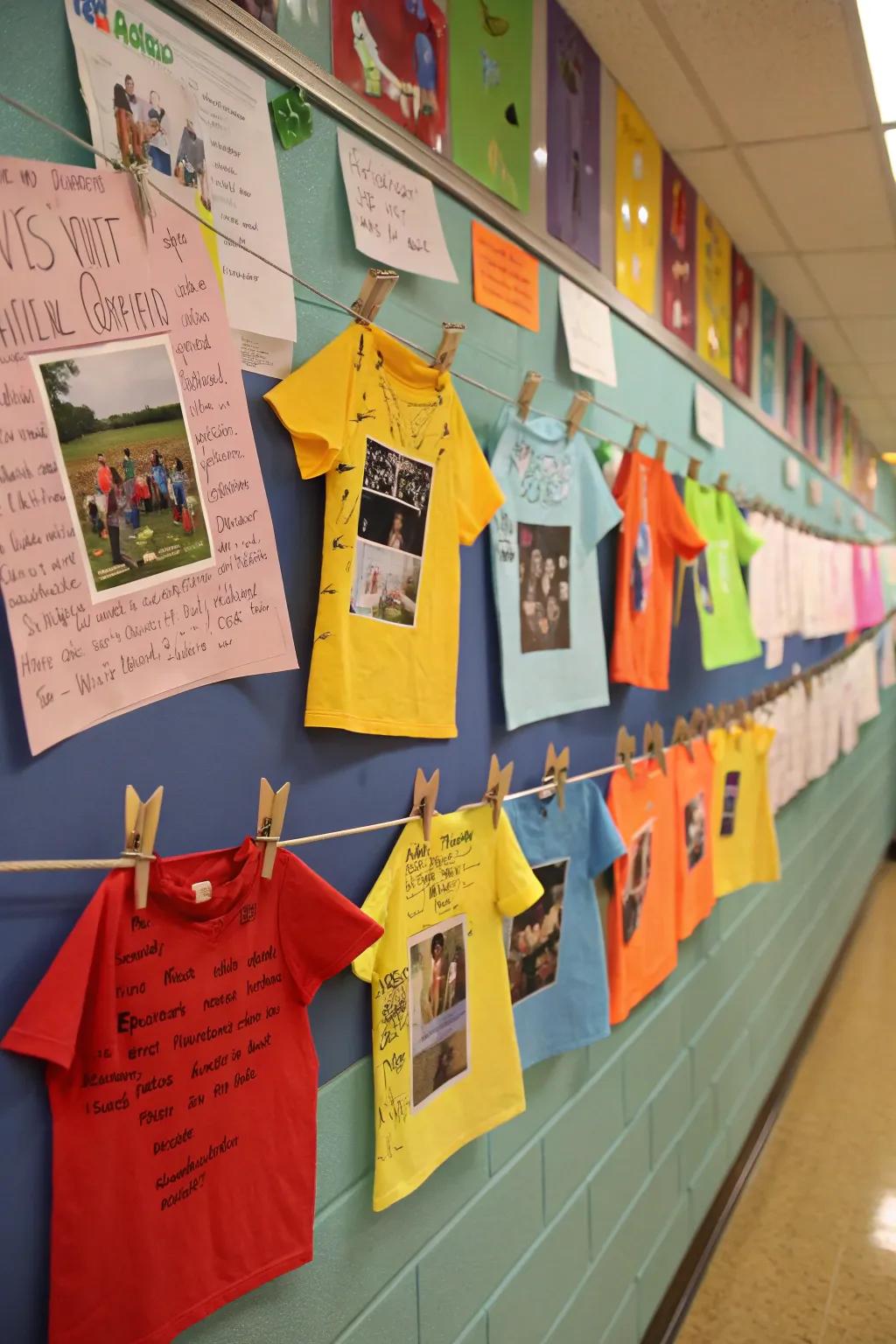 A nostalgic array of student memories shown on a clothesline.
