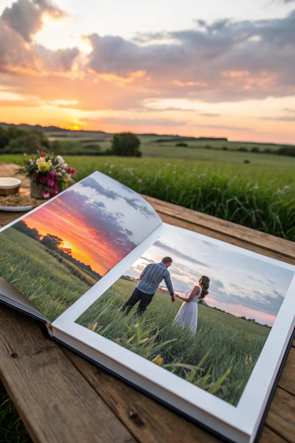 A compilation page illustrating a couple amidst a serene meadow at twilight.