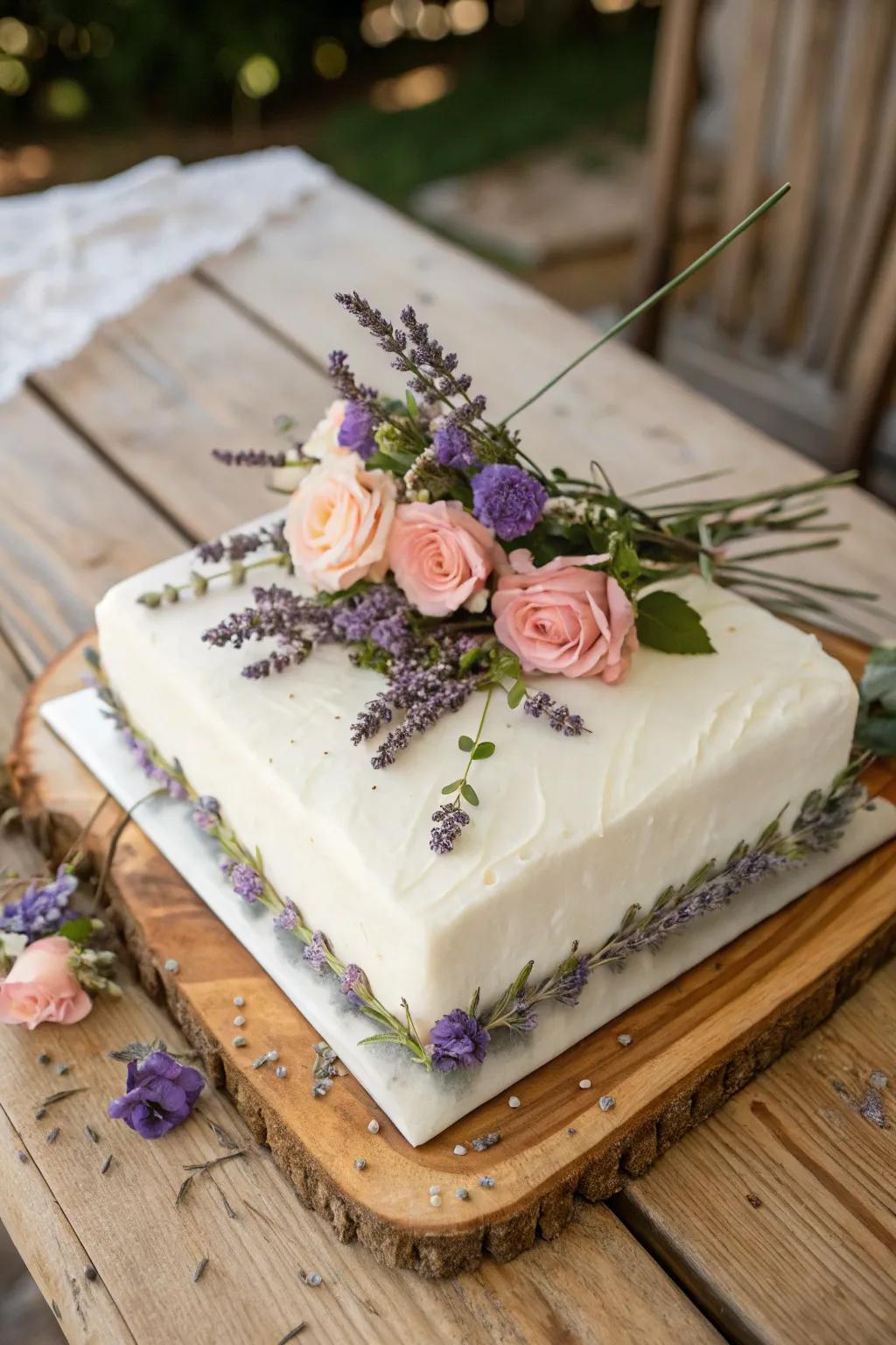 An engagement sheet cake with a botanical theme featuring lavender and roses.
