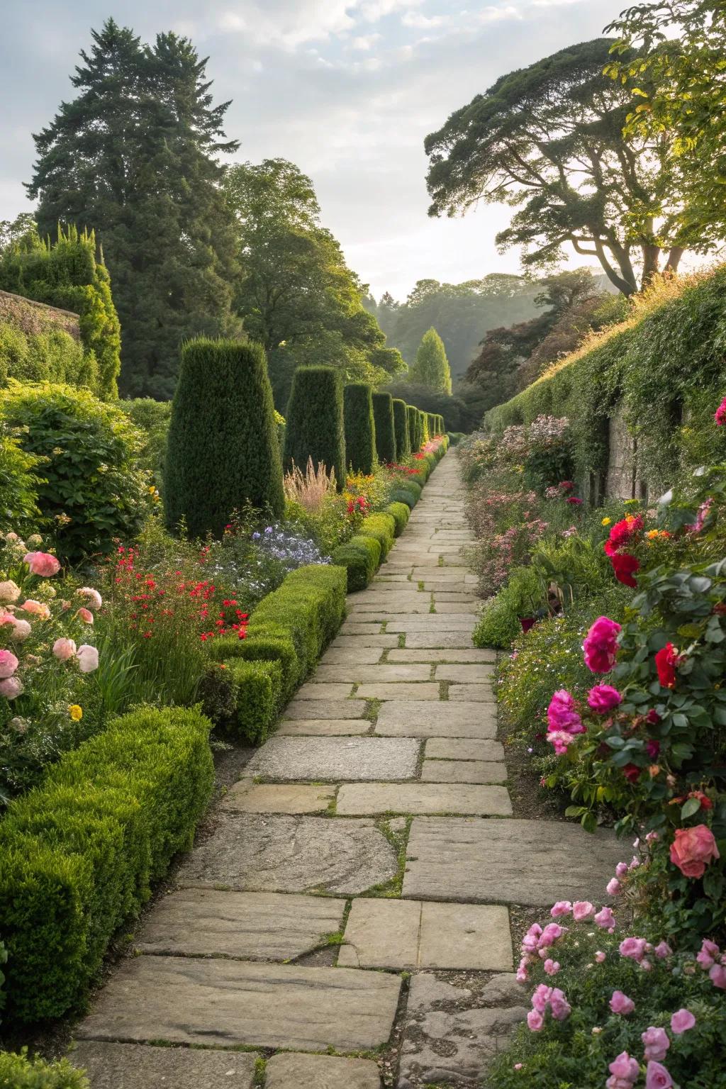 A meandering stone walkway beckoning exploration throughout the garden.