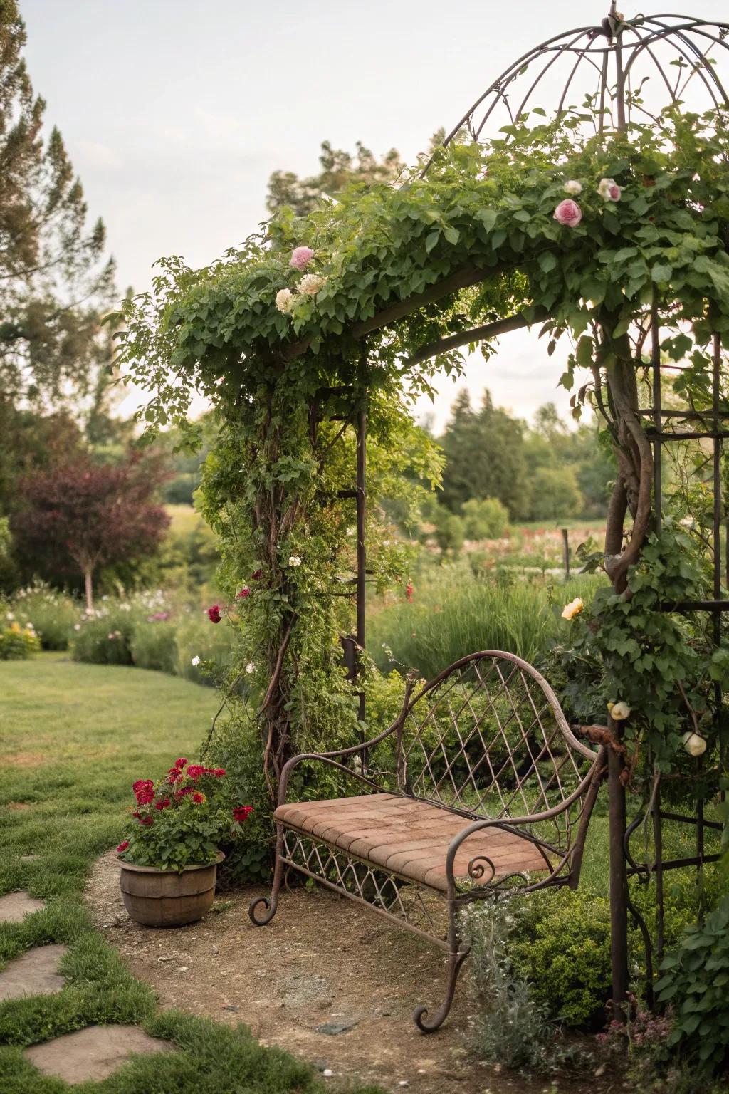 A country-style lounging space welcomes relaxation in the garden.