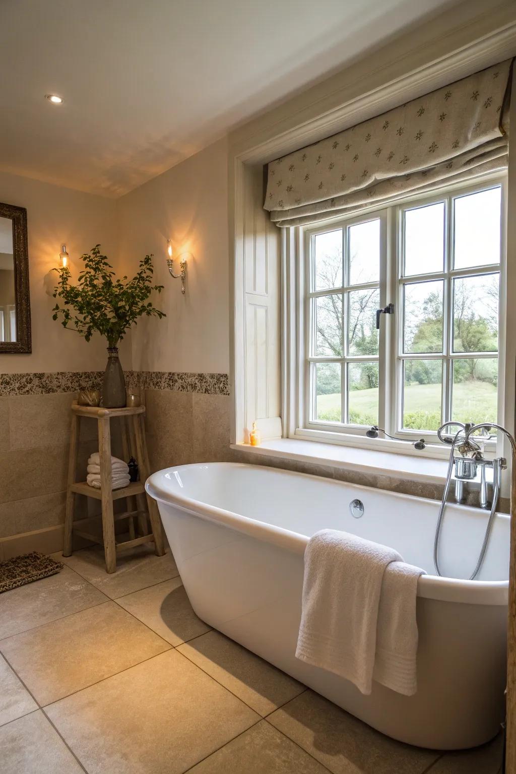 A freestanding bathtub adds luxury and charm to this ensuite.