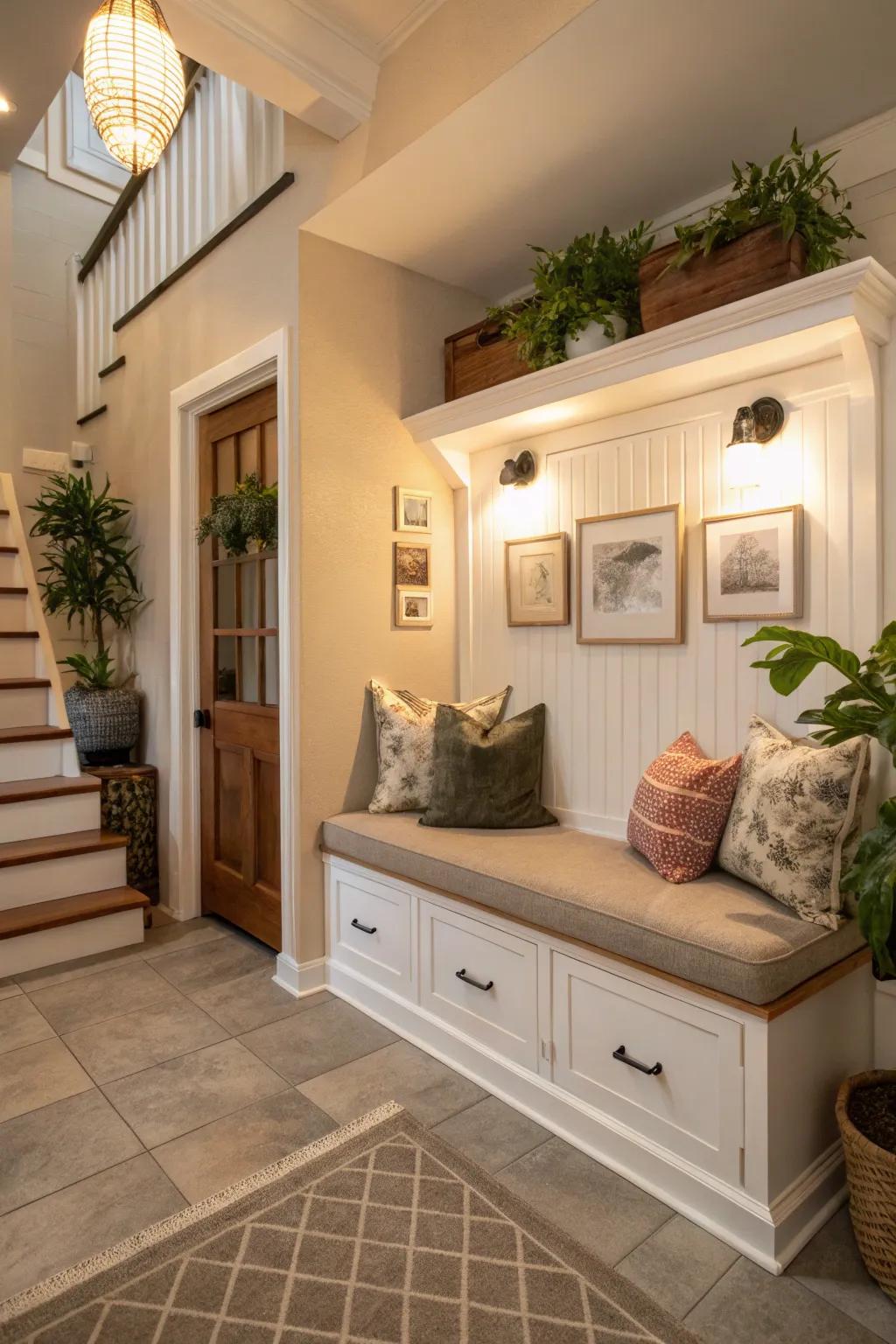 An integrated seating feature with stowage combines both function and solace within your entryway.