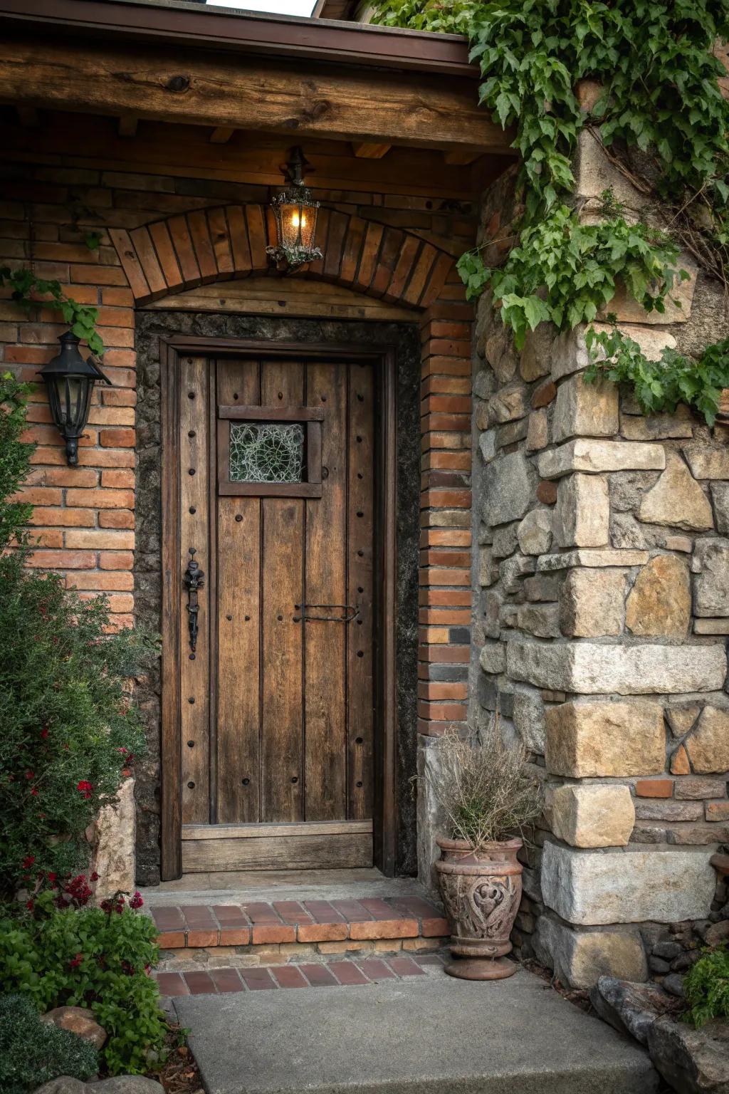 A country timber door complemented by rock highlights.