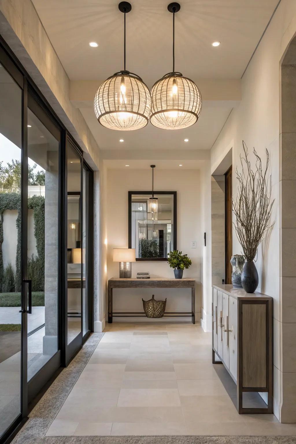 Elegant pendant lights imbue this sophisticated entryway with a modern essence.