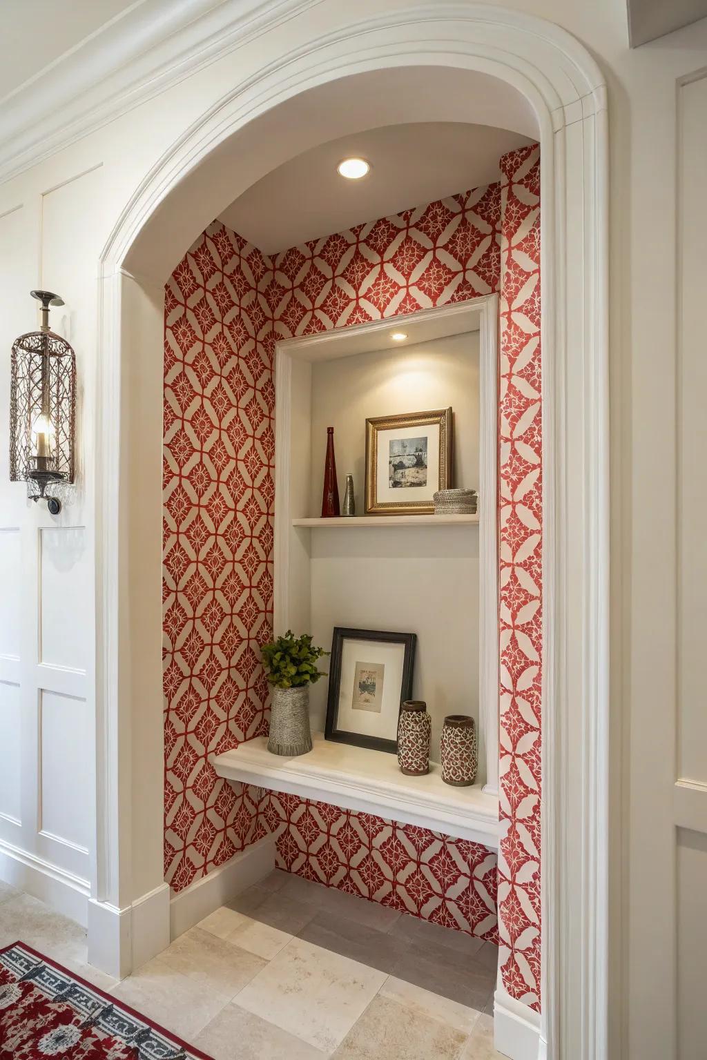 A lively, patterned wallcovering breathes life into this entryway niche.