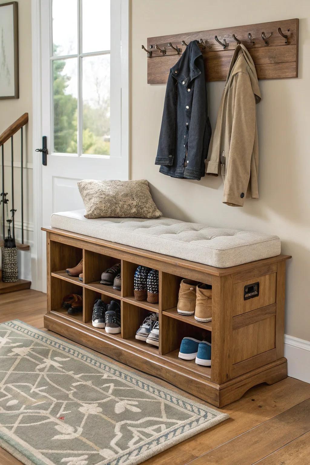 An efficient seating storage unit that also functions as seating.