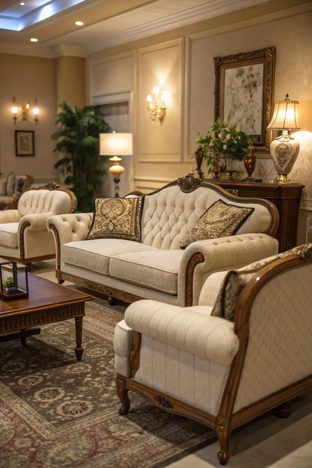 Elegant, luxurious seating arrangements define this sophisticated European living room.
